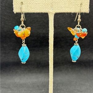 Turquoise, Amber & Carnelian Silver  Dangle Earrings